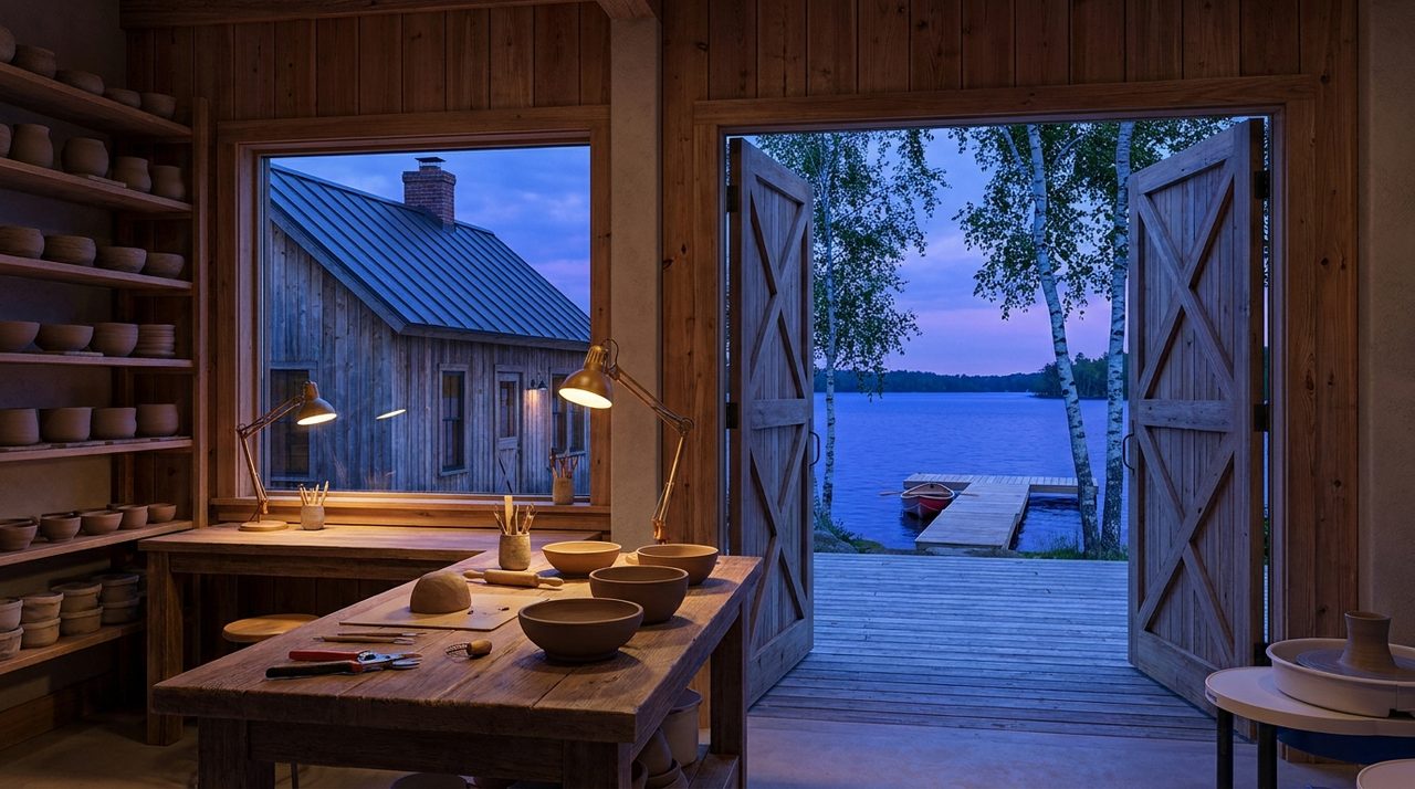 Interior workbench of a cedar lakeside pottery studio at blue hour, warm lamp light on the bench, deep blue lake and violet dusk sky through the window