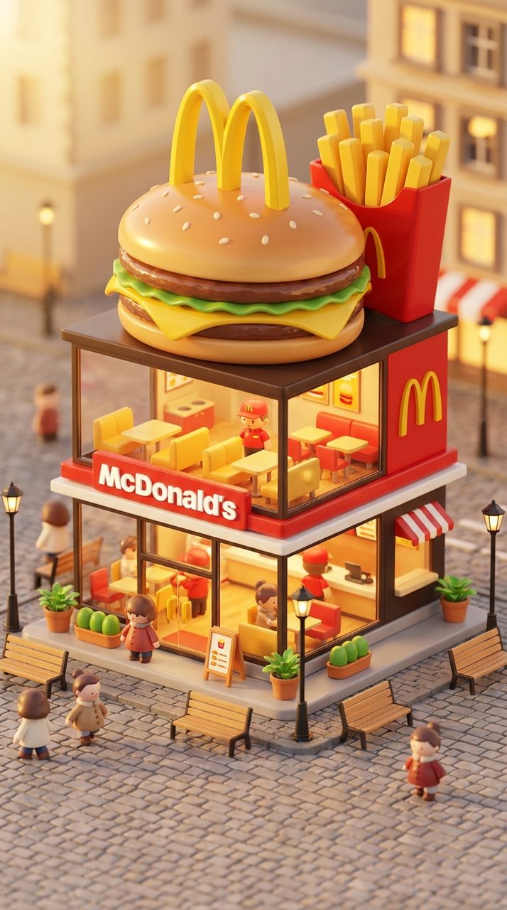 A chibi 3D miniature McDonald's concept store shaped like a giant burger bucket, two floors with warm interior visible through glass